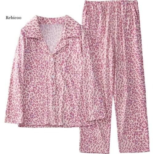 Autumn Knitted Cotton Pajamas Long-Sleeved Trousers Leopard Printing Woman Pijama Set Lapel Two Piece Set Ladies Sexy Nightwear