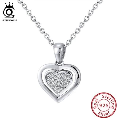 ORSA JEWELS Genuine 925 Sterling Silver Double Hearts Pave Center Pendant Necklace Valentine Anniversary Gift CZ Jewelry SN223