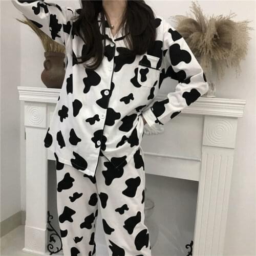 Cow Print Pajamas for Women Cute Nightwear Sleepwear Set Autumn Winter Pyjamas Girls Homewear Pijama Mujer Home Clothes Ladies