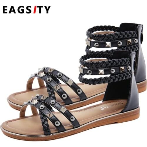 LIHUAMAO flat heel sandals for women square heel shoes causal Ankle strap zip lady gladiator sandals reivet shoes
