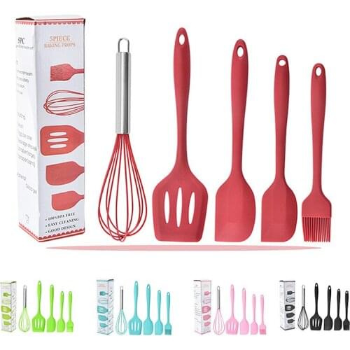 Silicone Kitchenware Cooking Utensils Set Non-stick Cookware Spatula Shovel Egg Beaters Wooden Handle Kitchen Tool 5 Piece Set