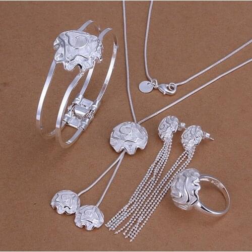 Wedding , jewelry female noble roses ring necklace bracelet bead chain Stud Earrings fashion Silver color jewelry sets S324