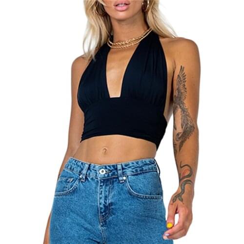 Women Summer Tank Tops Fashion Solid Color Hanging-Neck Sleeveless Backless Crop Tops for Ladies Black