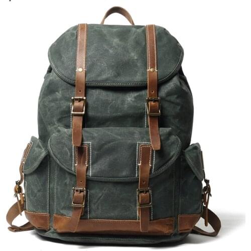 VZVA Retro Waxed Canvas Backpack Men Business Backpack Hiking Backpacks Waterproof Outdoor Camping