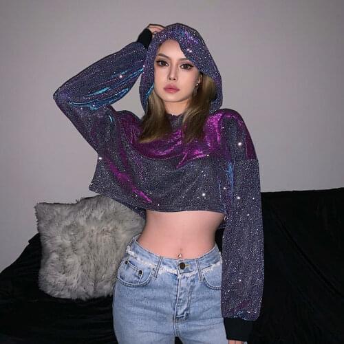 Womens Summer Bright Silk Hip Hop Hoodie Loose Euro-America Style Short Cool Dance Show Navel Fashion Top Sweatshirt Women