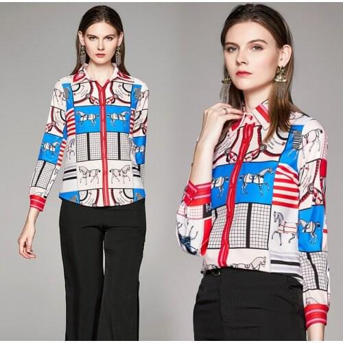 New Spring Summer Fall Runway Vintage Print Collar Button Front Long Sleeve Womens Ladies Party OL Casual Top Shirts Blouse