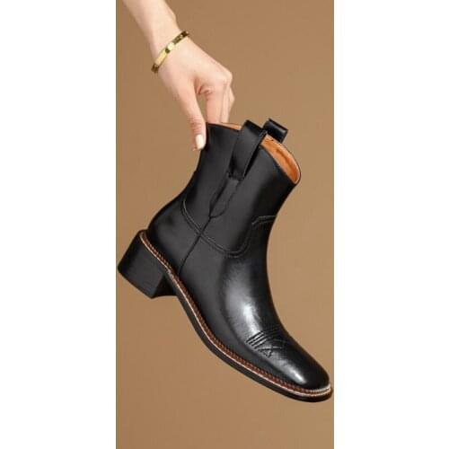 2021 New Autumn/Winter Shoes Women Square Toe Chunky Boots Genuine Leather Western Boots Solid Women Boots Fashion Women Shoes