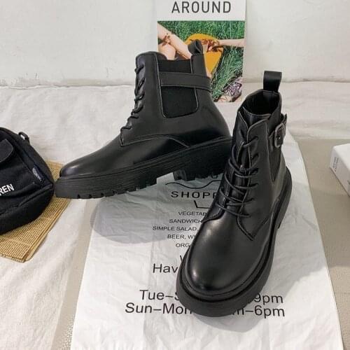 2021 new Autumn Women Ankle Boots Classic Black Leather Platform Gothic Punk Shoes Mid Heels Combact Motorcycle Boots