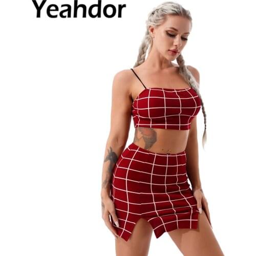 Women Summer Two-piece Casual Outfit Plaid Spaghetti Strap Lace-up Back Crop Top with Split Sides Mini Skirt Set Streetwear