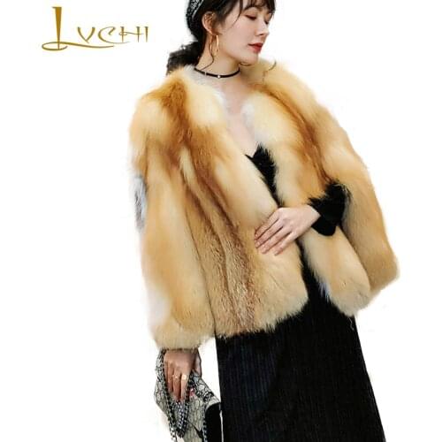 LVCHI 2019 Winter Import Red Fox Real Fur Coats V-Neck Natural Fox Fur Coat Womens Cloak Shawl Short Loss Slim Fox Fur Coats