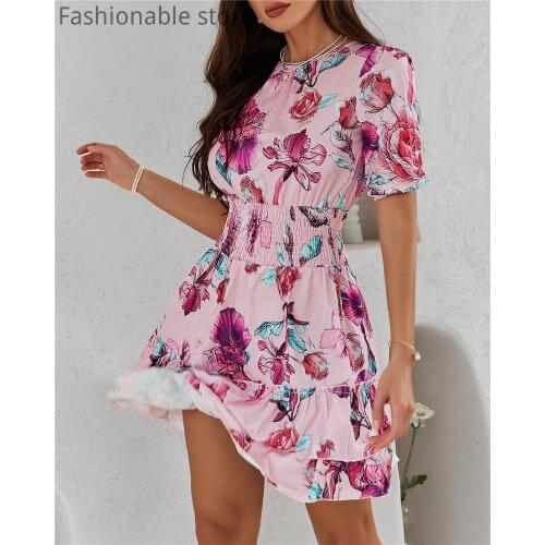 Women Floral Print Shirring Detail Layered Ruffles Short Sleeve A-Line Dress