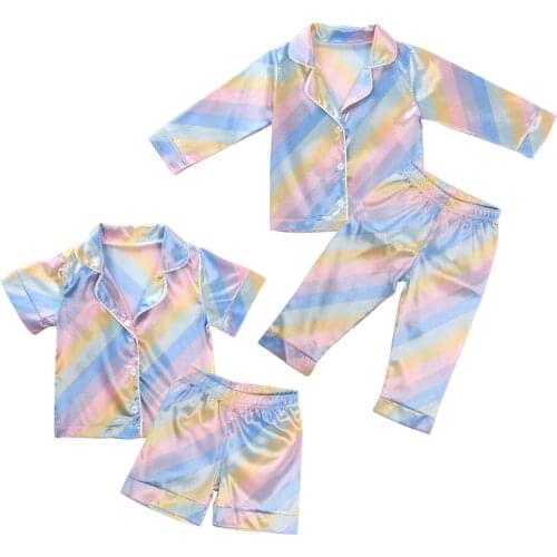 2020 New Fall Autumn Unisex Baby Boys Girls 2Pcs Pajamas Set Rainbow Color Short/Long Sleeve Lapel Top+Pants Children Clothes