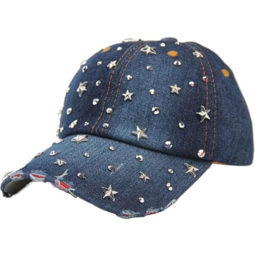 Fashion Women Baseball Cap Bling Stars Rhinestone Denim Cap Adjustable Strap Jean Snapback Hat Distressed Brim