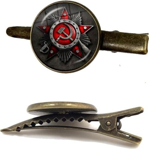 CCCP USSR Soviet Army Red Star Tie Clip Glass Cabochon Art Round Russian Badges LOGO Antique Bronze Tie Clasp For Men Shirt