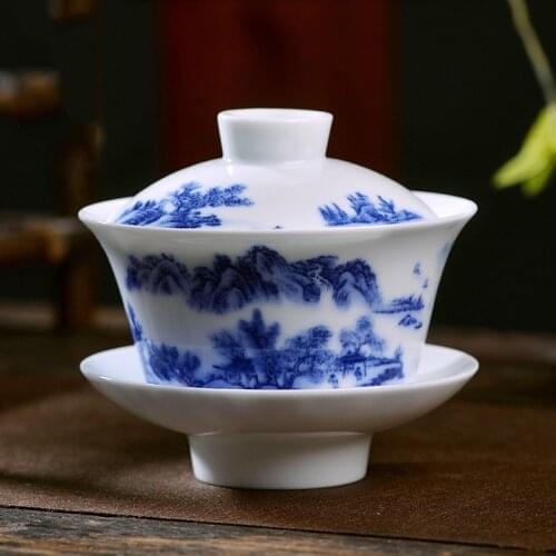 Jingdezhen Tea Tureen 220ml Blue and White Porcelain Tea Bowl Master Cup Landscape Teawre Ceramic Decor Crafts Creative Gaiwan