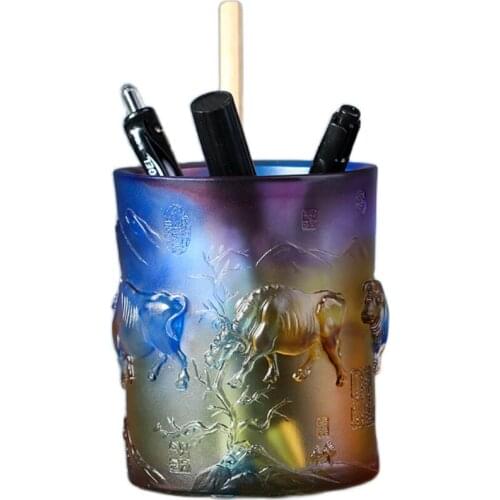 Luxury excellent Hand-made color glazed pen holder desk organizer decor sculpture 5 bull Good luck business gift top-end craft