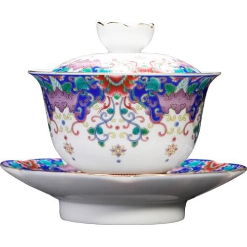 Enamel Gaiwan Jingdezhen Ceramic Drinkware Office Porcelain Master Tea Bowl with Saucer Lid Creative Gifts