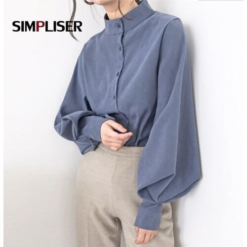 Lantern Sleeve Blouses Women 2021 Spring Autumn Shirts Office Work Blouse Solid Vintage Bow Tie Tops Black White Blue Clothes