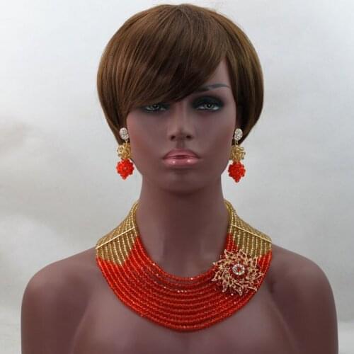 Champagne Gold/Orange African Wedding Party Beads Jewelry Set Nigerian Costume Crystal Beaded Necklace Set Free Shipping ALJ532