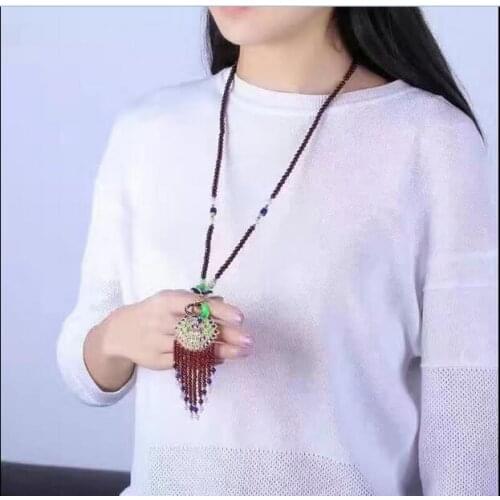 Pretty Natural Garnet Stone Necklace Roasted Blue Peacock Pendant Lucky Girl Sweater Chain Necklace Jewelry