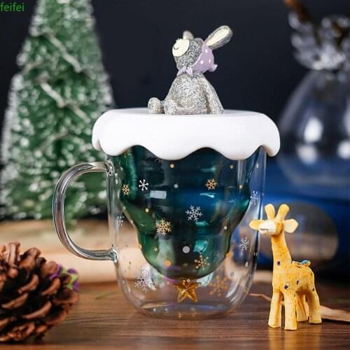 Creative Double-Layer Glass Christmas Tree Star Water Cup High Temperature Mug glass Christmas tree star wishing cup 300ml FDH