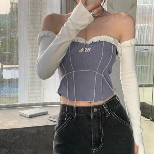 Cotton Off Shoulder Crop Top Women Sweat Cute Y2K Backless T Shirt Ladies Fashion Casual Skinny Tshirt Streetwear