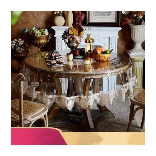 PVC Round Tablecloth Waterproof and Oilproof Transparent Tablecloth With Lace Crystal Plate Soft Glass Table Mat Table Cover