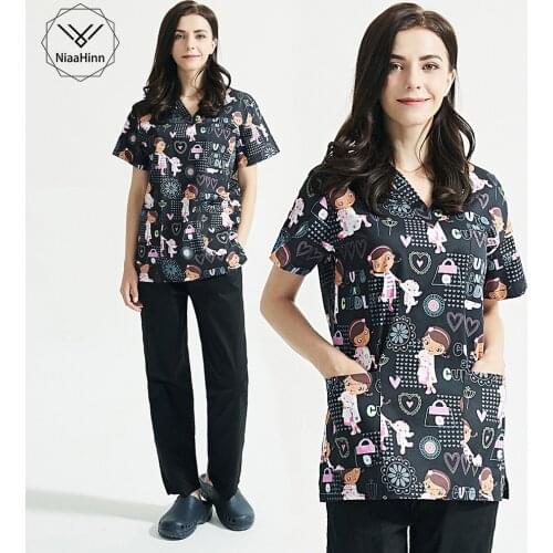 For Summer Unisex Beautician sets Cartoon print scrubs tops Short-sleeved scrubs suits V-neck 100% Cotton lab working tops/pants