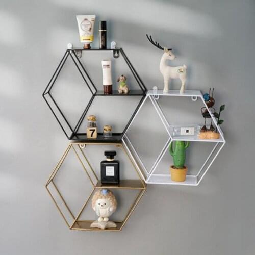 Nordic Metal Decorative Shelf Round Hexagon Storage Holder Shelves Home Wall Decoration Potted Ornament Stand Rack