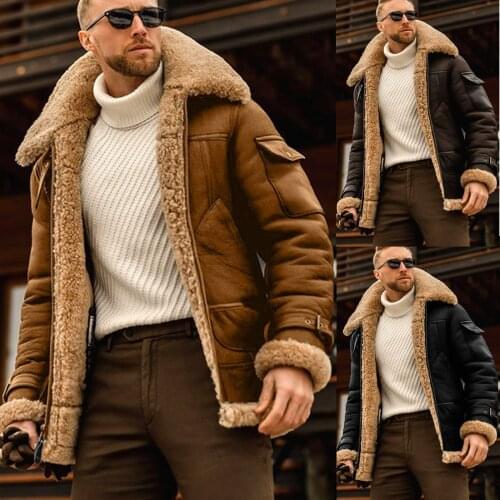 Winter Mens Fashion Thick Lamb Fur Jacket Long Sleeve Lapel Pocket Warm Coat Casual Solid Color Zipper Overcoat Cotton Clothes