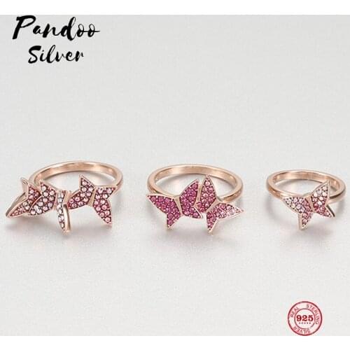 PANDOO Fashion Charm Silver Plated Original 1:1 Copy, Pink Dream Butterfly Combination Ring Ring Female Luxury Jewelry Gifts