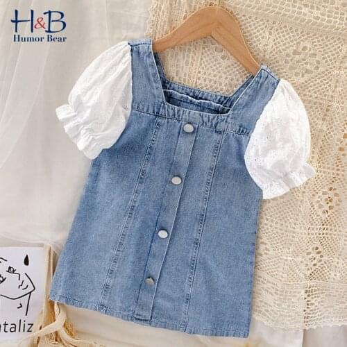 Humor Bear Girls Dress Summer New Short-Sleeve Square collar Denim Casual Patchwork Single-breasted Dress Toddler Kids Clothes