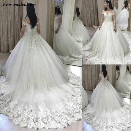 Princess Ball Gown Wedding Dresses Off Shoulder Appliques Beading Lace Up Back Sweep Train Bride Gowns Vestidos De Noiva 2021