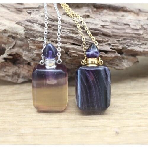 Natural Fluorite Rectangle Essential Oil Vial Pendant Necklaces Healing Crystal Gems Perfume Bottle Charms Women Jewelry QC1090