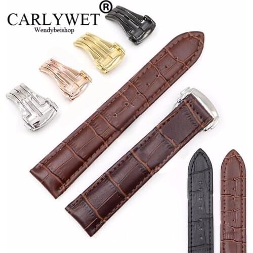 CARLYWET 18 20 22mm Real Leather Black Brown Crocodile Grain Vintage Deployment Wrist Watch Band Strap For seamaster