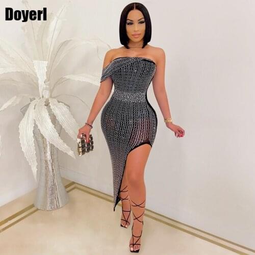 Rhinestone Sexy Party Dresses Women Evening Elegant Night Club Backless Midi Summer Dress 2021 Strapless Split Bodycon Dress