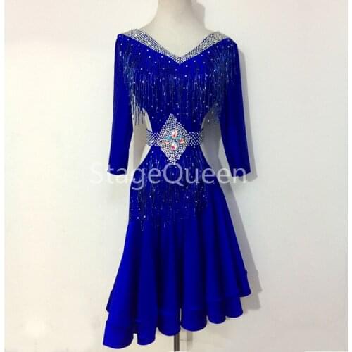 Rhinestones Sexy Openwork Latin Dance Blue Dress Competition Performance Dancewear Stretch Net Practice Clothes Fish Bone Skirt