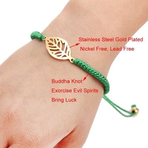 Lucky Handmade Good Luck Bracelet Stainless Steel Leaf Charm Adjustable Friendship Red String Buddha Knot Protection Bracelets