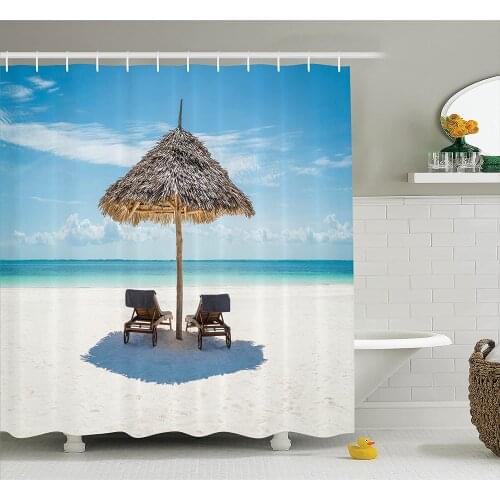 Seaside Shower Curtain Wooden Sun Loungers Facing Eastern Ocean Under a Thatched Umbrella in Zanzibar Bath Curtain For Bathroom