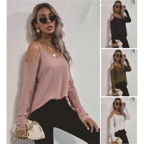 Womens Clothing 2021 Casual Top Spring Autumn Solid Color Hollow Out Sling T-Shirts V-Neck Long Sleeve T Shirt Woman Loose Tops