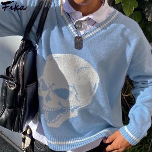 New 2021 Gothic Skull Print Woman Sweaters Fashion Autumn Winter Loose Y2K Pullover Harajuku Knitted Sweater Ladies Pull Femme