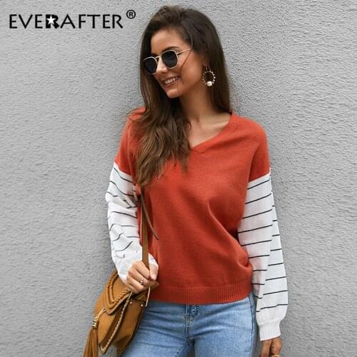 EVERAFTER Autumn Winter warm jumper patchwork knitted sweaters women V neck casual long sleeve tops loose basic pullovers 2019