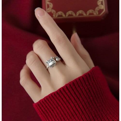 Simple Zodiac Bull Calf Cute Sweet 925 Sterling Silver Adjustable Ring For Women Retro Dainty Jewelry Gift