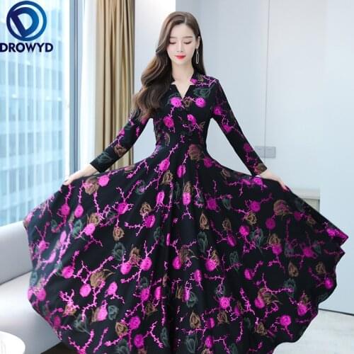 2021 High Quality Purple Print V-neck Chiffon Maxi Dress Autumn Vintage Chic Midi Sundress Women Elegant Bodycon Party Vestidos