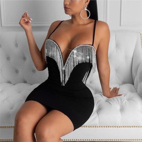 Crystal Tassel Party Dress Women Summer Spaghetti Straps Backless Curve Low Cut Sexy Club Dress Bodyocn Black Dresses