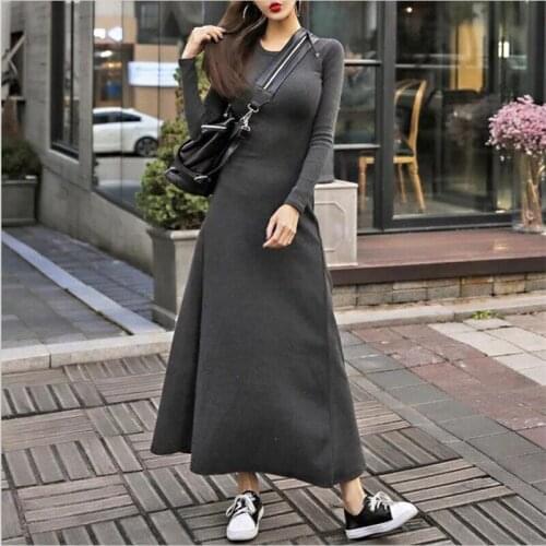 Women Solid Vintage Full Sleeves Long Dress 2020 Autumn Winter Thicken Warm Slim Maxi Dress Vestido Plus Size Women Dress M-6XL