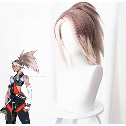 45cm Akali Cosplay Wigs LoL K/DA True Damage Wig Headwear Gradient Color Synthetic Halloween Cosplay Costume Hair with Free Cap