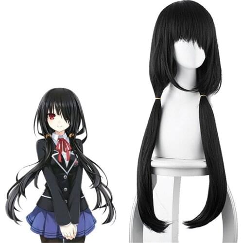 Anime DATE A LIVE Tokisaki Kurumi Nightmare Black Long Straight Cosplay Heat Resistant Synthetic Hair Halloween Party + Wig Cap