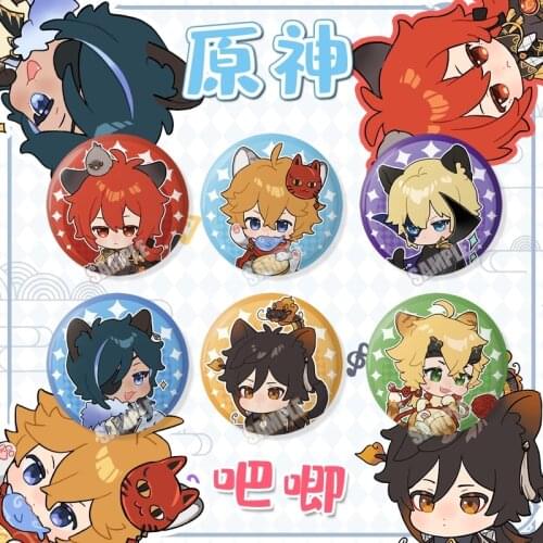 Genshin Impact Diluc Zhongli Tartaglia THOMA Metal Badge Button Brooch Pins Cosplay Anime Collection Clothing Decor Gifts