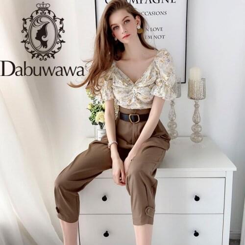 Dabuwawa Prairie Chic 2pcs Floral Print Blouse + Pants Women Puff Sleeve Knot Front Shirts and Trousers Set Female DT1BSA013
